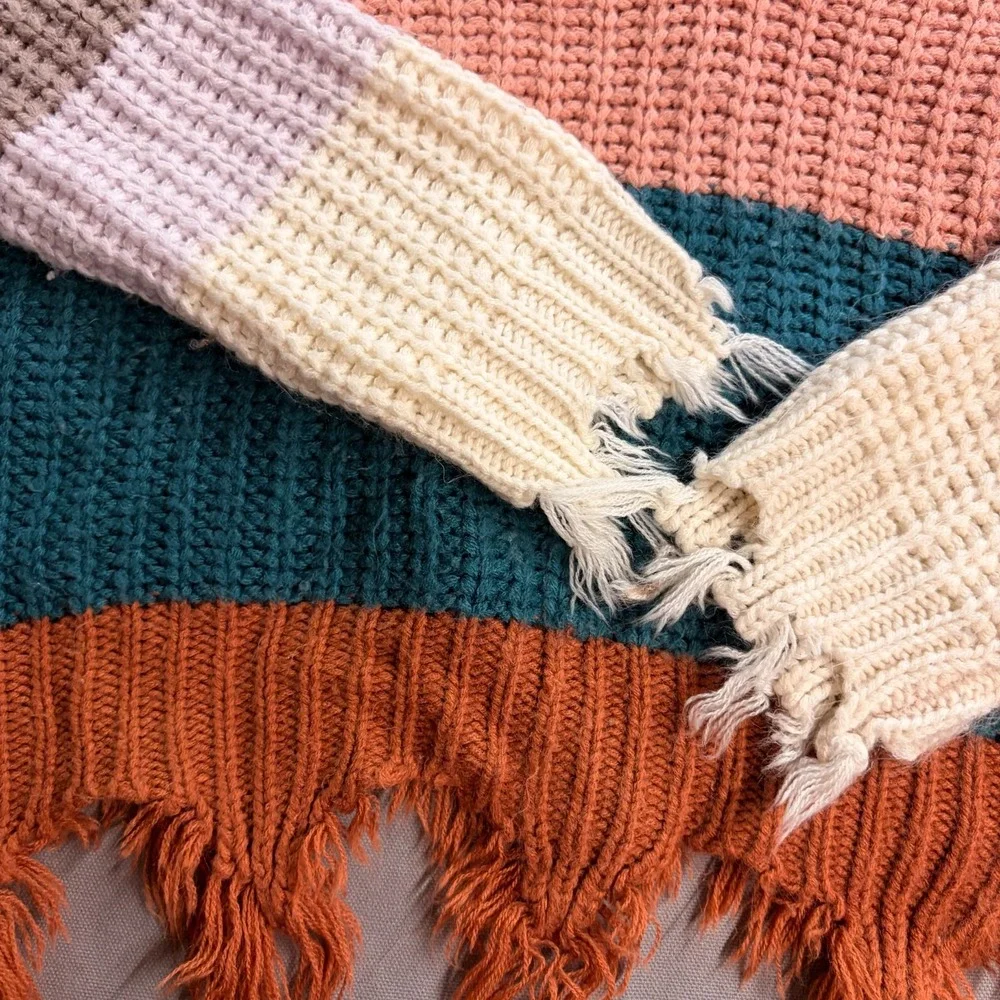 Miracle USA Womens Colorblock Distressed V-Neck Knit Sweater S/M Striped Boho